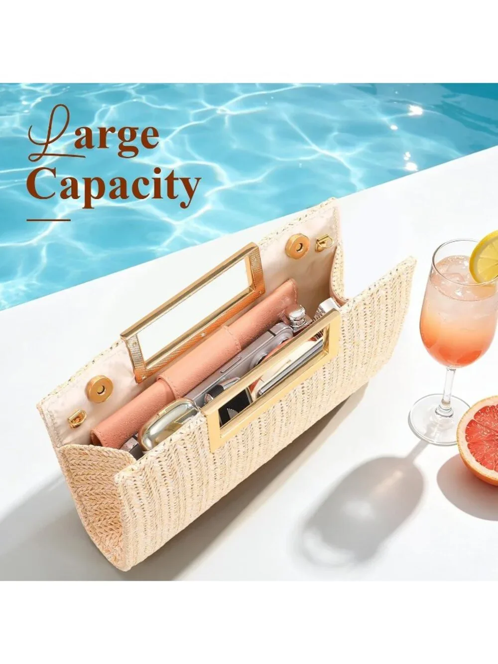 Women's Gold Clutch Handbag Modern Faux Leather with Metal Handle Evening Bag